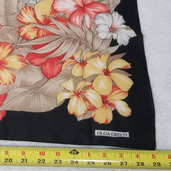 Vintage Olga Greco Tropical Floral Print Black Scarf - Picture 9 of 9